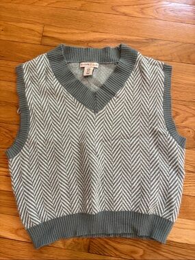 Sincerely Jules Green and Cream Herringbone V-Neck Sweater Vest